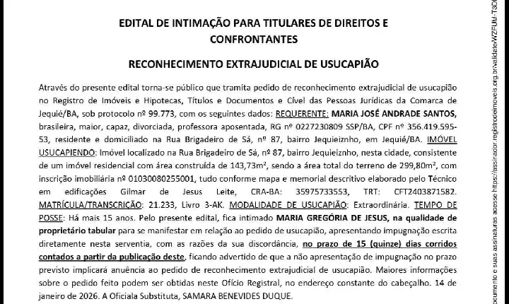 EDITAL DE INTIMAÇÃO PARA TITULARES DE DIREITOS E CONFRONTANTES RECONHECIMENTO EXTRAJUDICIAL DE USUCAPIÃO