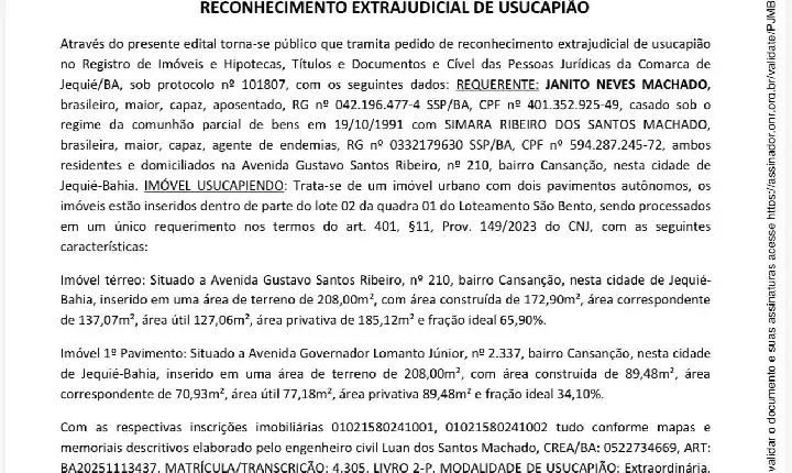 EDITAL DE INTIMAÇÃO PARA TITULARES DE DIREITOS E CONFRONTANTES RECONHECIMENTO EXTRAJUDICIAL DE USUCAPIÃO