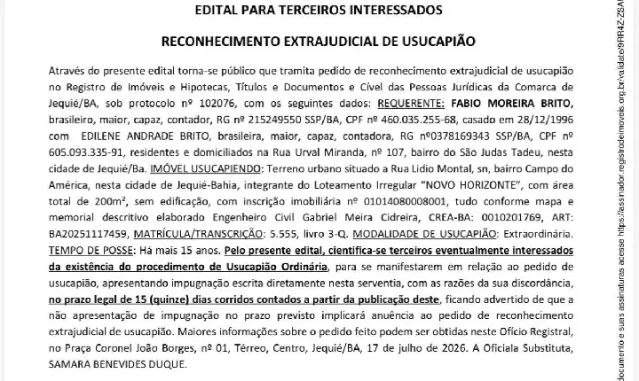 EDITAL PARA TERCEIROS INTERESSADOS RECONHECIMENTO EXTRAJUDICIAL DE USUCAPIÃO