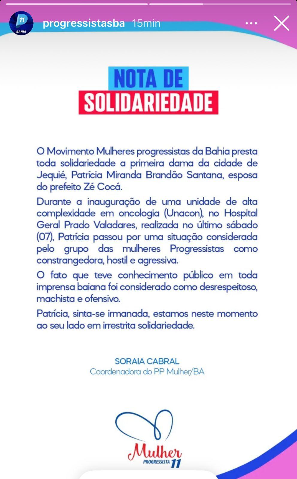 MOVIMENTO MULHERES PROGRESSISTAS DA BAHIA EMITE NOTA PÚBLICA DE APOIO À PRIMEIRA DAMA DE JEQUIÉ APÓS ATAQUE DE DEPUTADO