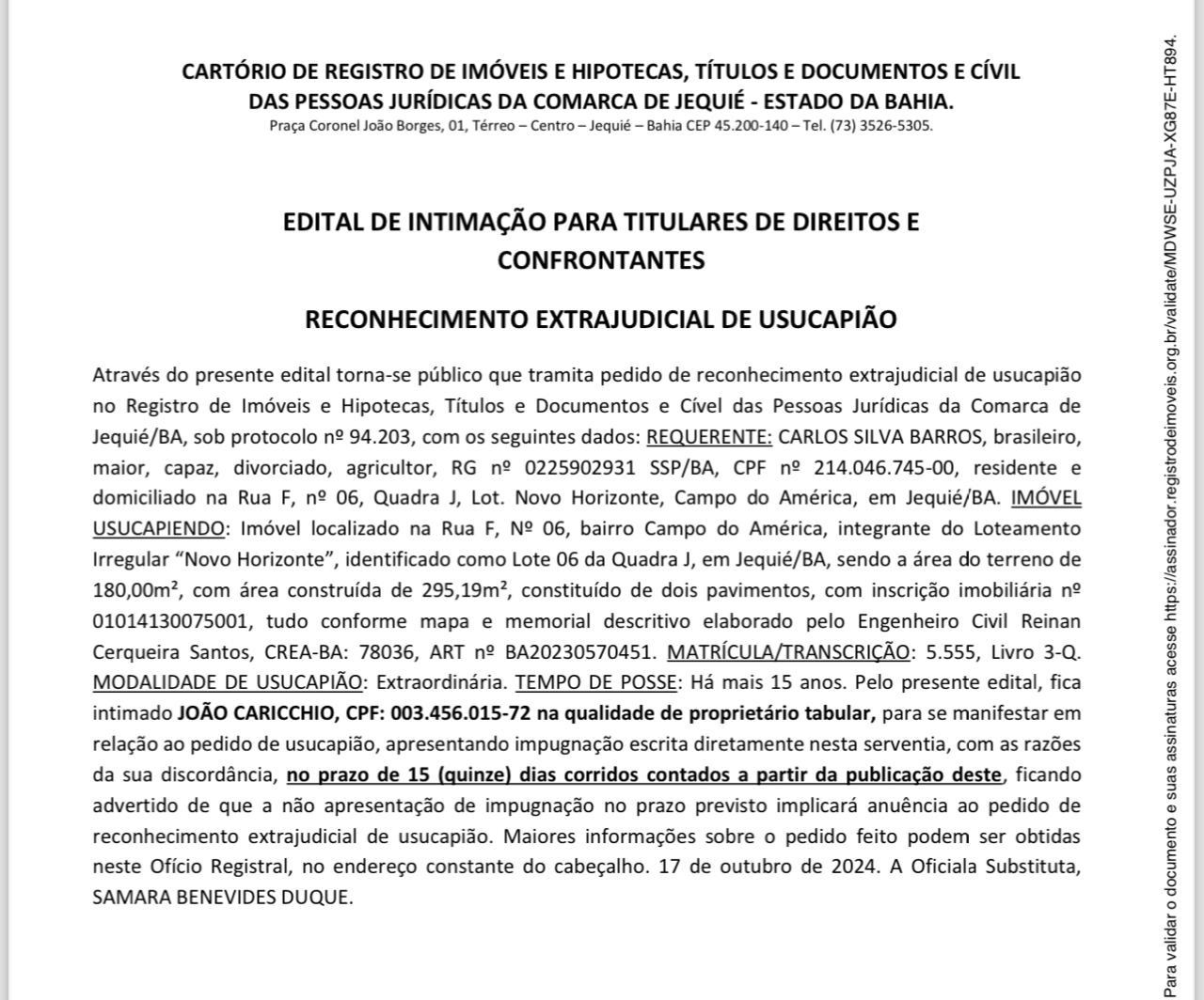 EDITAL DE INTIMAÇÃO PARA TITULARES DE DIREITOS E CONFRONTANTESRECONHECIMENTO EXTRAJUDICIAL DE USUCAPIÃO