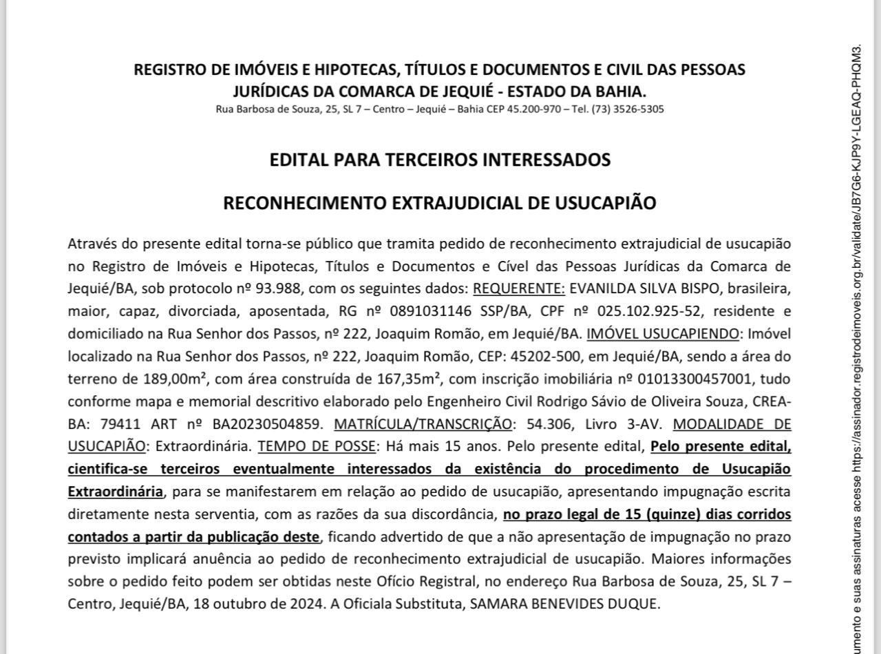EDITAL PARA TERCEIROS INTERESSADOS RECONHECIMENTO EXTRAJUDICIAL DE USUCAPIÃO