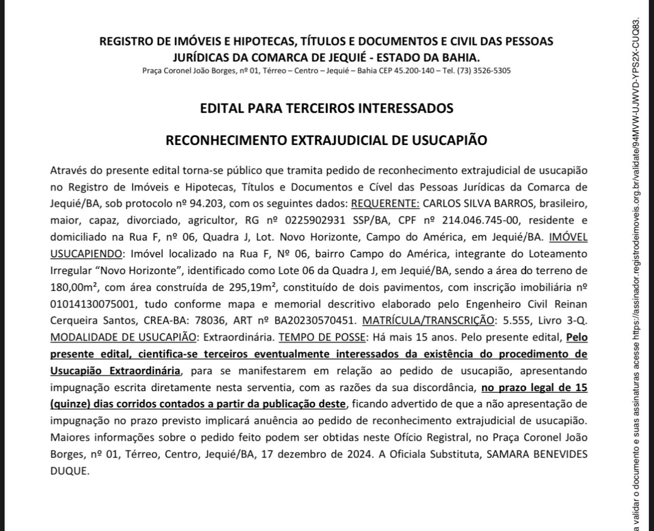 EDITAL PARA TERCEIROS INTERESSADOS RECONHECIMENTO EXTRAJUDICIAL DE USUCAPIÃO