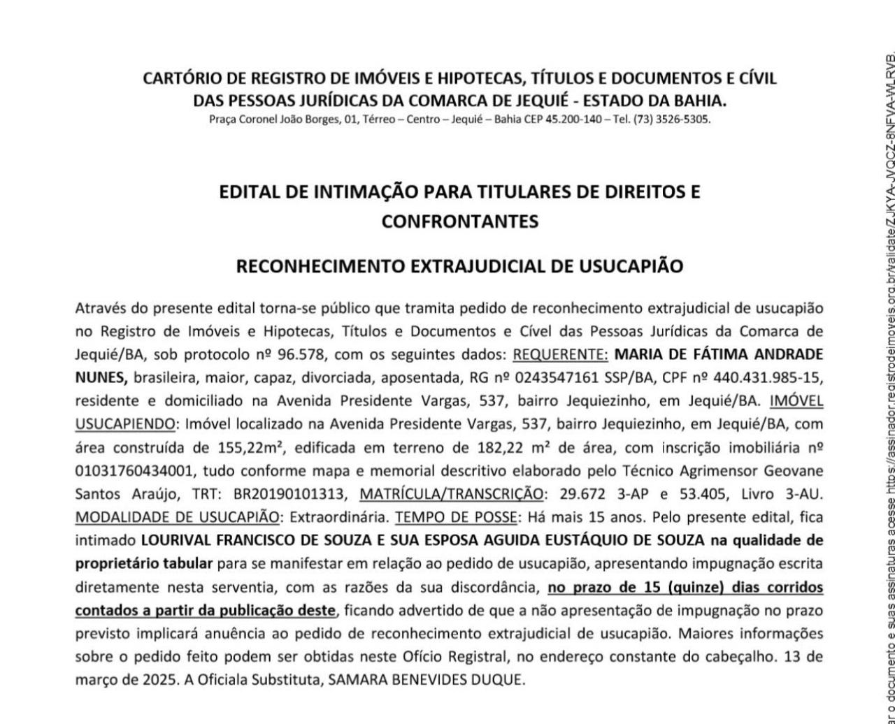 EDITAL DE INTIMAtAO PARA TITULARES DE DIREITOS E CONFRONTANTES RECONHECIMENTO EXTRAJUDICIAL DE USUCAPIAO