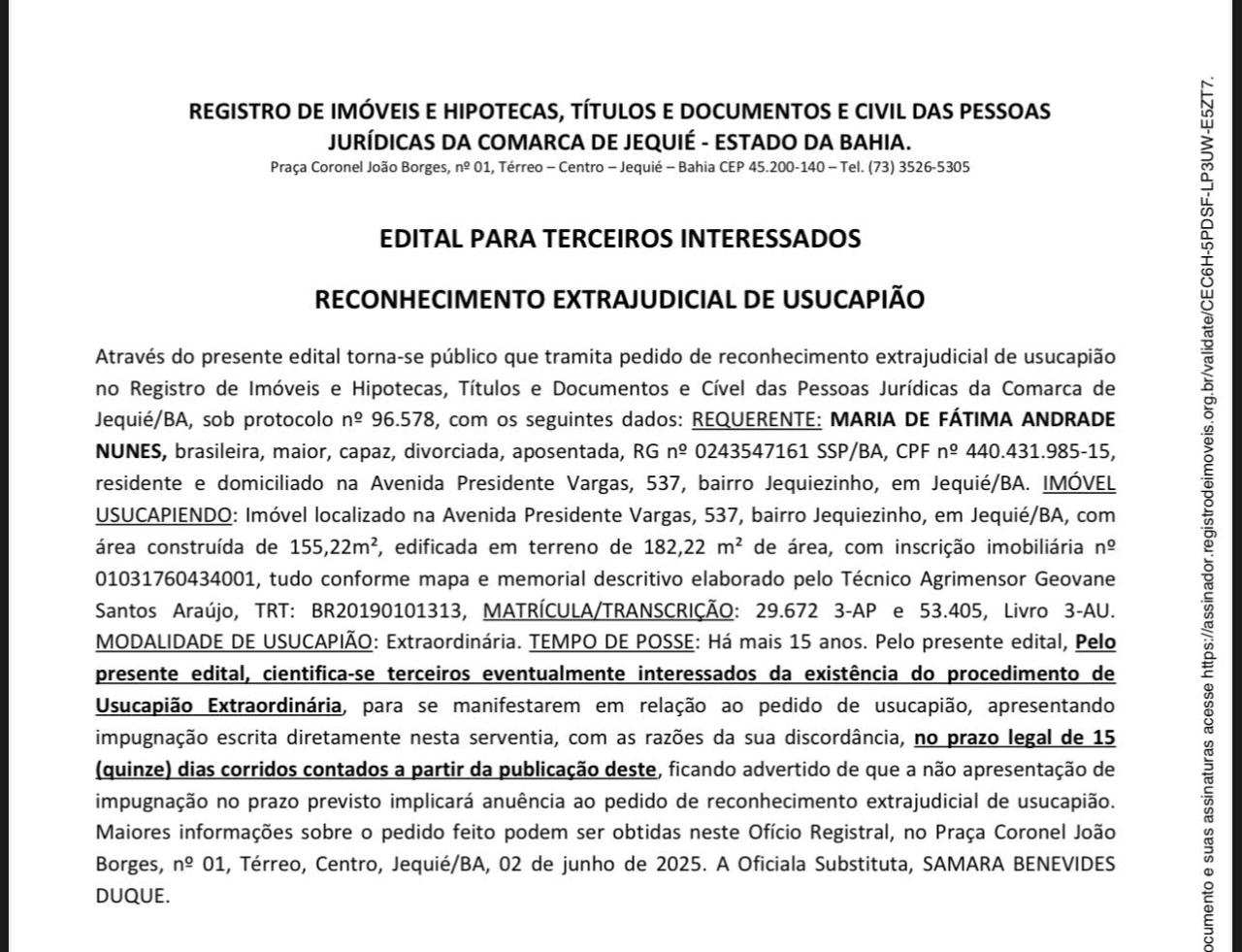 EDITAL PARA TERCEIROS INTERESSADOS RECONHECIMENTO EXTRAJUDICIAL DE USUCAPIÃO