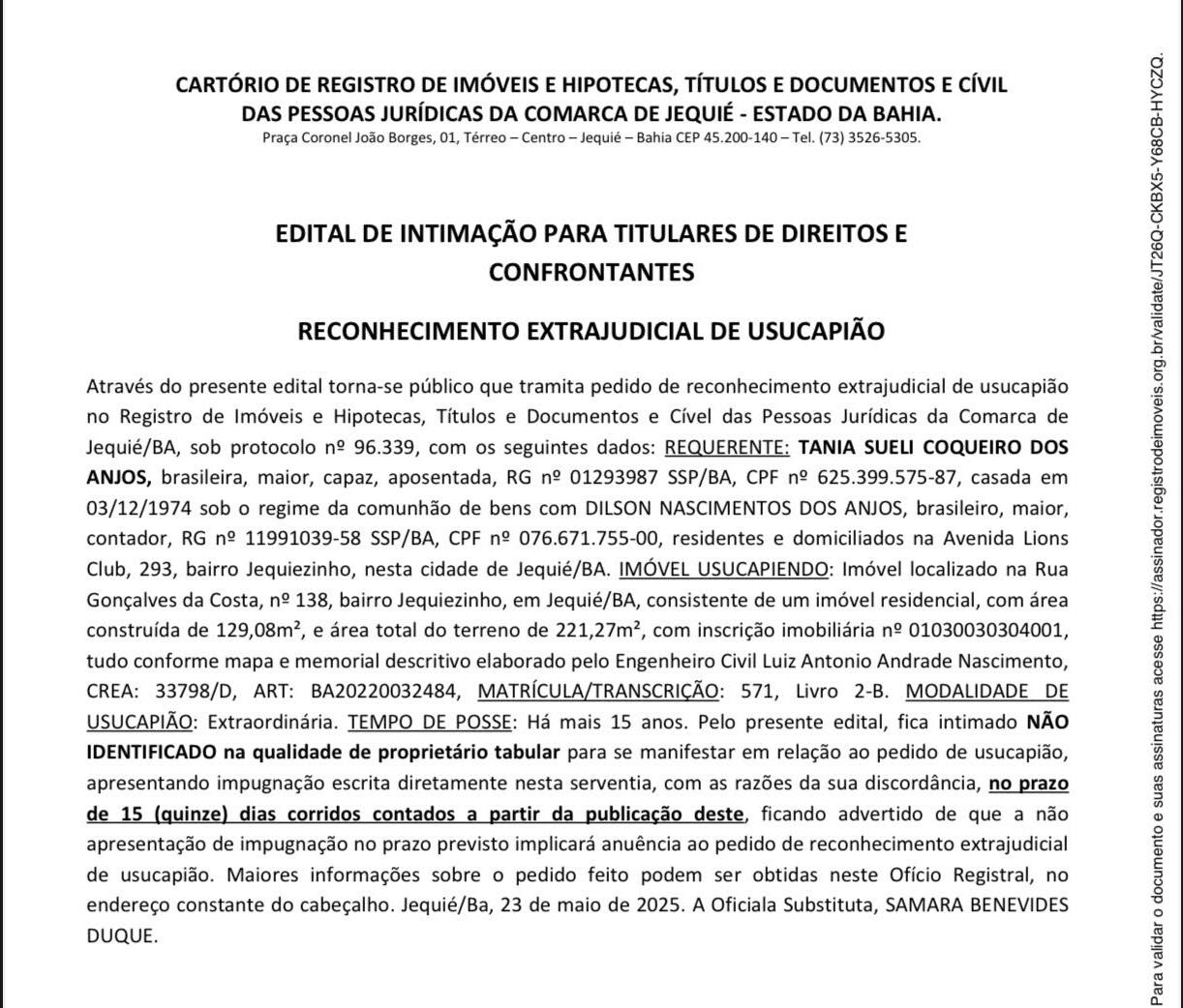 EDITAL DE INTIMAÇÃO PARA TITULARES DE DIREITOS E CONFRONTANTES RECONHECIMENTO EXTRAJUDICIAL DE USUCAPIÃO