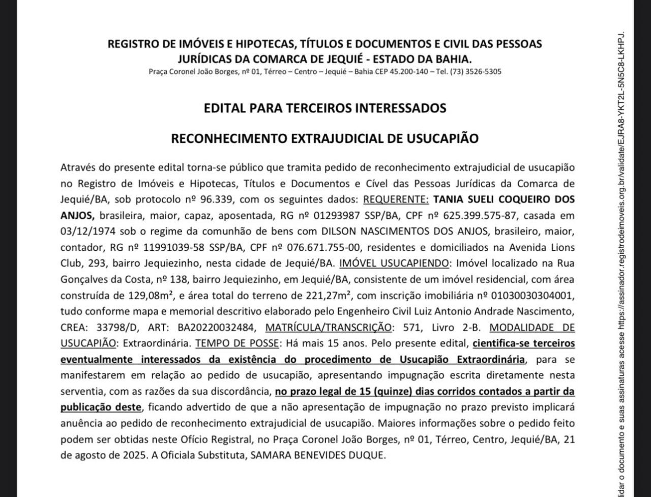 EDITAL PARA TERCEIROS INTERESSADOS RECONHECIMENTO EXTRAJUDICIAL DE USUCAPIÃO