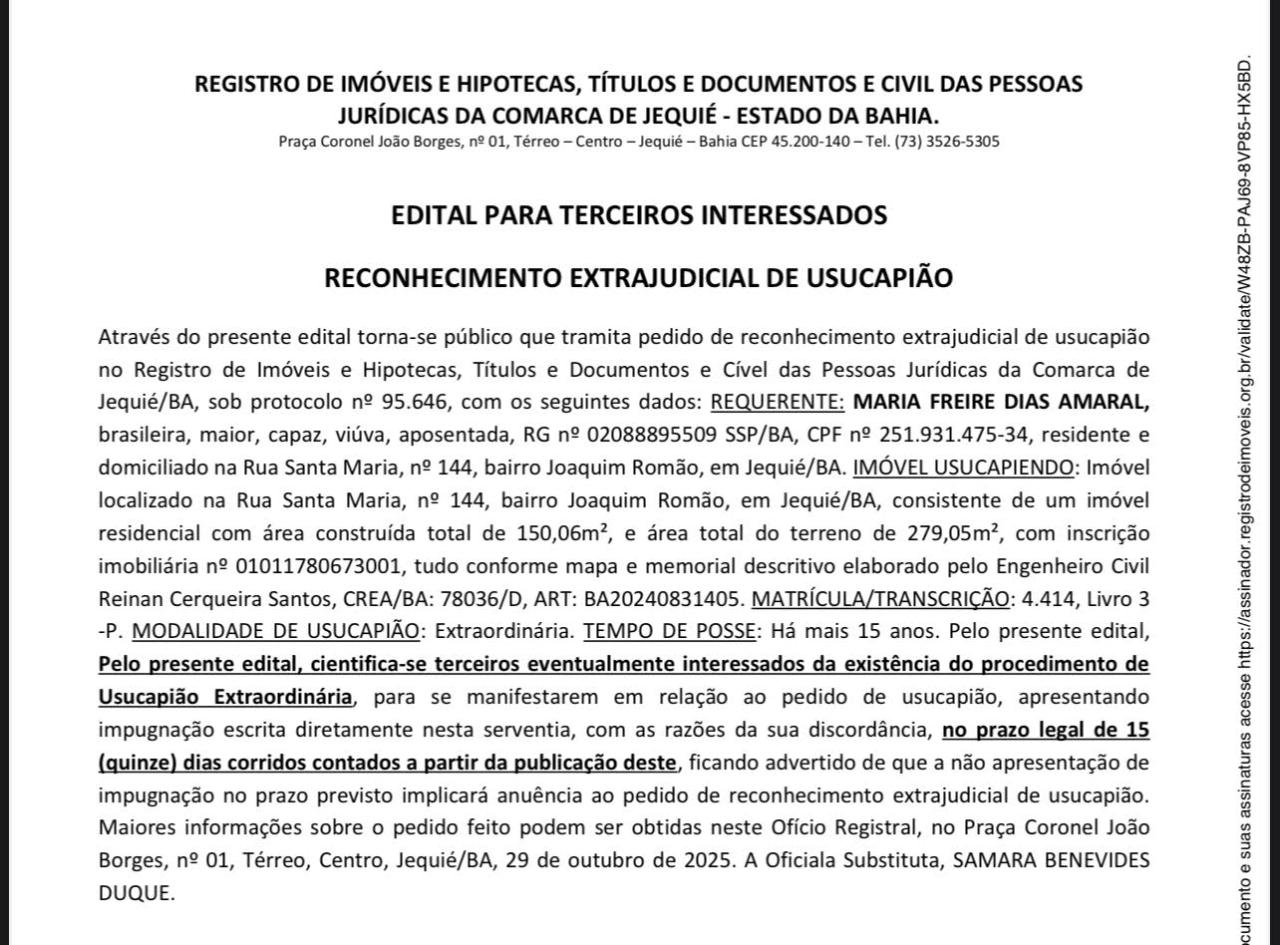 EDITAL PARA TERCEIROS INTERESSADOS RECONHECIMENTO EXTRAJUDICIAL DE USUCAPIÃO