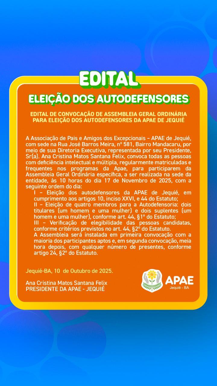 APAE DE JEQUIÉ CONVOCA ASSEMBLEIA PARA ELEIÇÃO DOS AUTODEFENSORES