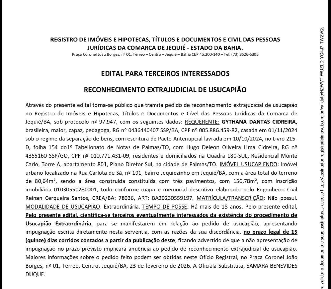 EDITAL PARA TERCEIROS INTERESSADOS RECONHECIMENTO EXTRAJUDICIAL DE USUCAPIÃO