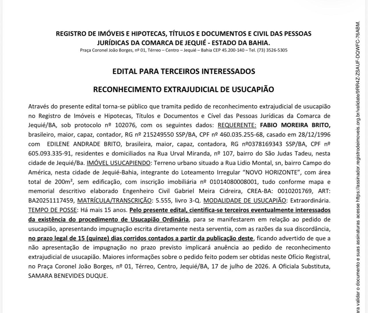 EDITAL PARA TERCEIROS INTERESSADOS RECONHECIMENTO EXTRAJUDICIAL DE USUCAPIÃO