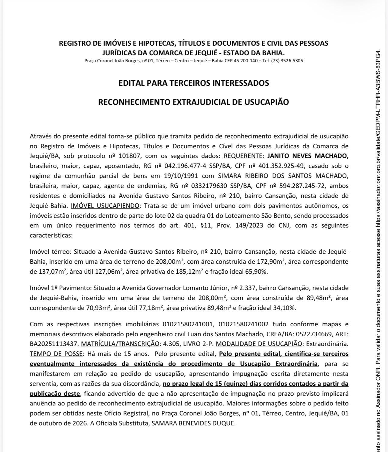 EDITAL PARA TERCEIROS INTERESSADOS RECONHECIMENTO EXTRAJUDICIAL DE USUCAPIÃO
