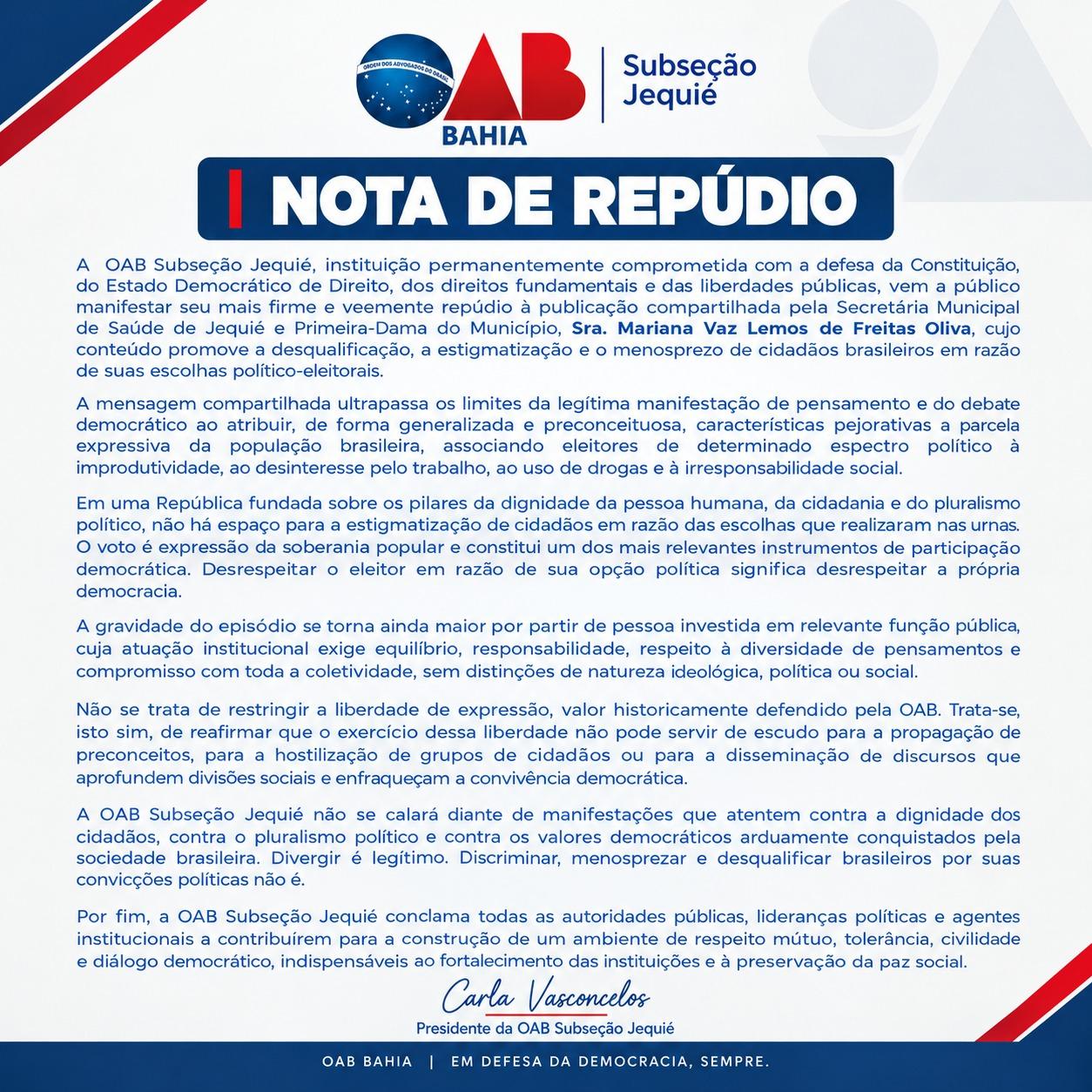 OAB SUBSEÇÃO DE JEQUIÉ EMITE NOTA DE REPÚDIO À PUBLICAÇÃO DA PRIMEIRA DAMA E SECRETARIA DE SAÚDE MARIANA