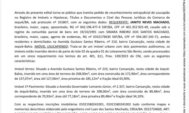EDITAL PARA TERCEIROS INTERESSADOS RECONHECIMENTO EXTRAJUDICIAL DE USUCAPIÃO