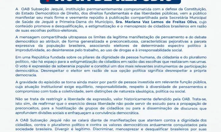 OAB SUBSEÇÃO DE JEQUIÉ EMITE NOTA DE REPÚDIO À PUBLICAÇÃO DA PRIMEIRA DAMA E SECRETARIA DE SAÚDE MARIANA
